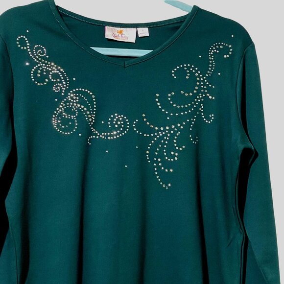 Quacker Factory Forest Green 3/4 Sleeve Top Rhinestones V-Neck S Polyester Blend - Picture 2 of 6